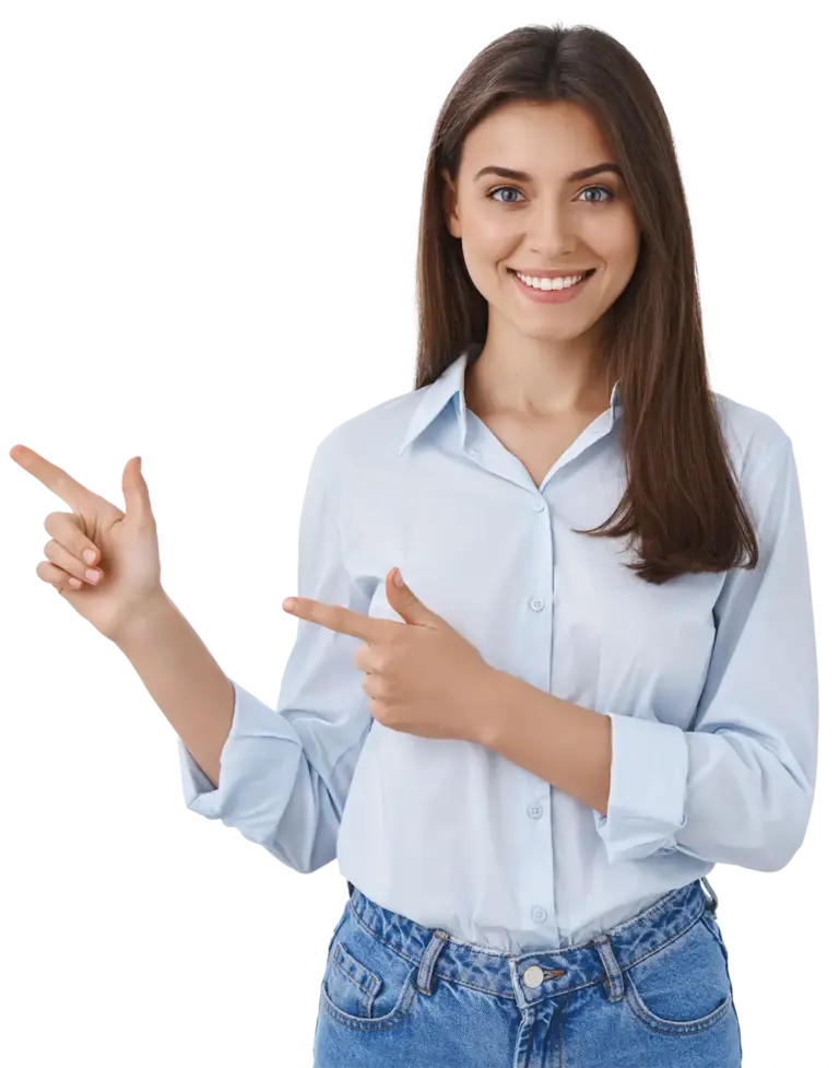 Młoda osoba w jasnoniebieskiej koszuli wskazująca rękami w bok w kierunku sekcji „O mnie” z informacjami o dr Jarku, ekspercie korepetycji IB Mathematics i IB Physics online.