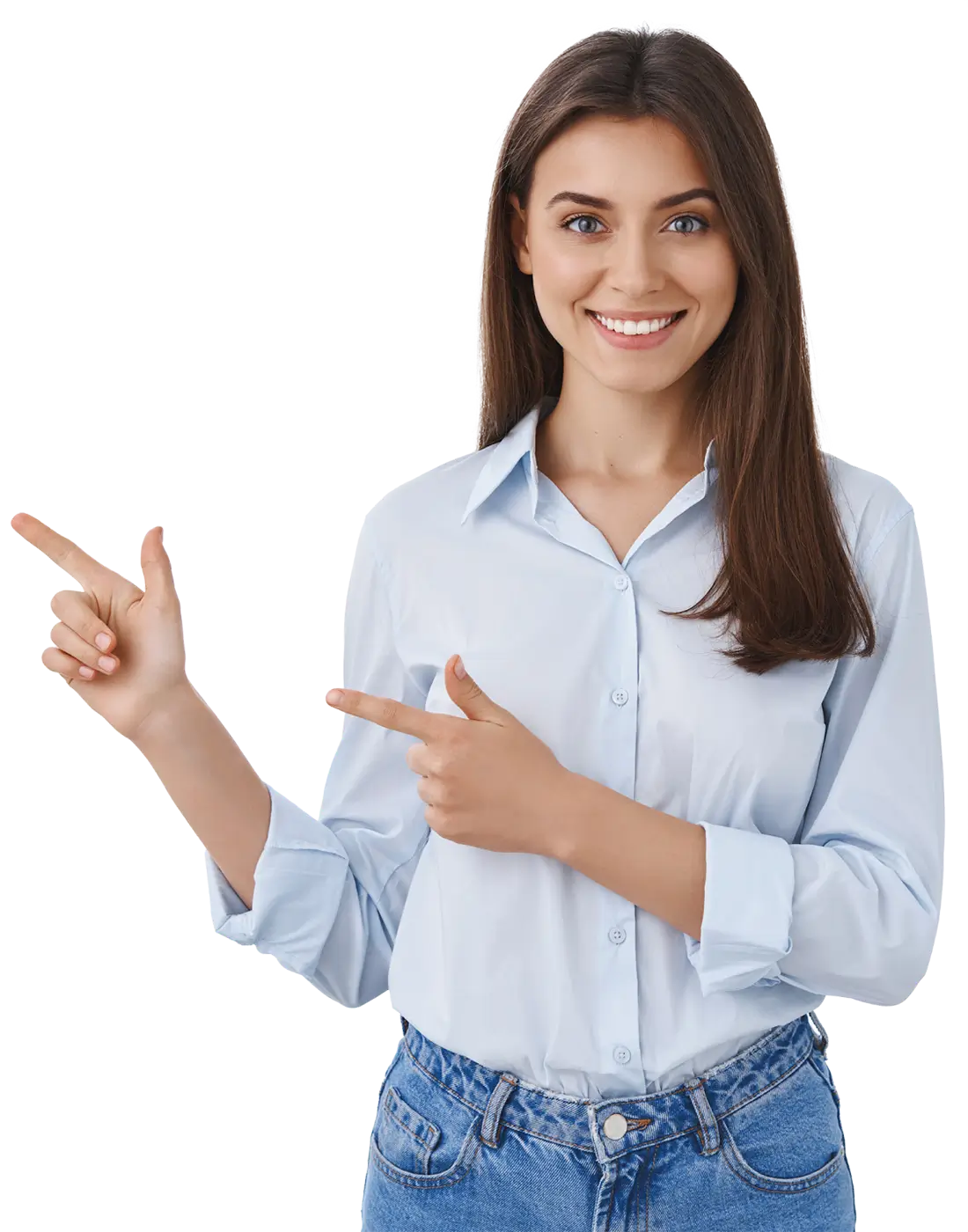 Młoda osoba w jasnoniebieskiej koszuli wskazująca rękami w bok w kierunku sekcji „O mnie” z informacjami o dr Jarku, ekspercie korepetycji IB Mathematics i IB Physics online.